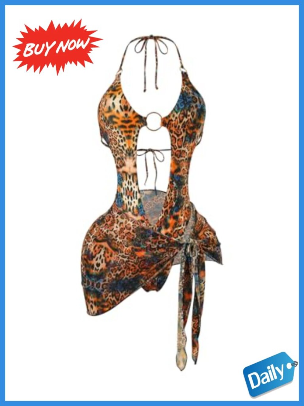 One Piece Swimsuit with Tie Wrap Cover Up Skirt Leopard Cut Out